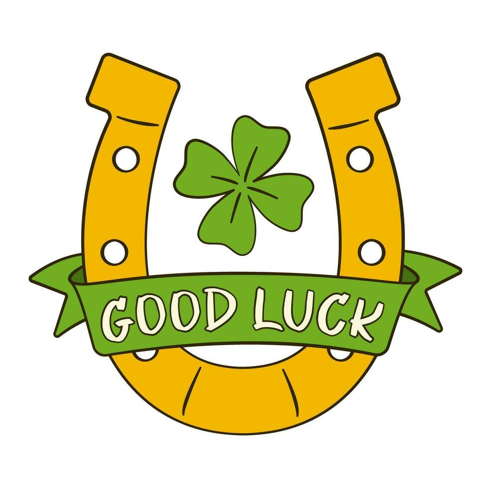 Good Luck lettering on ribbon with horseshoe and clover. St. Patrick's Day vector