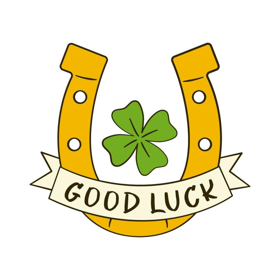 Good Luck lettering on ribbon with horseshoe and clover. St. Patrick's Day vector