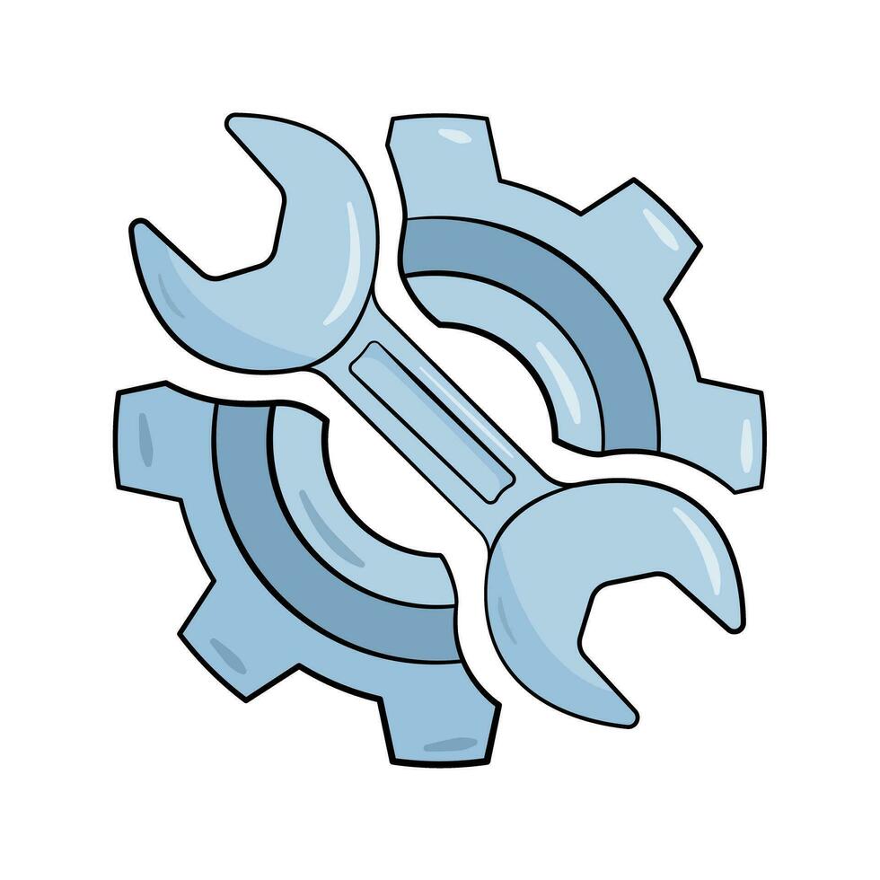 rueda dentada y llave inglesa. símbolo de reparar, ajustamiento, técnico Servicio o apoyo. dibujos animados vector