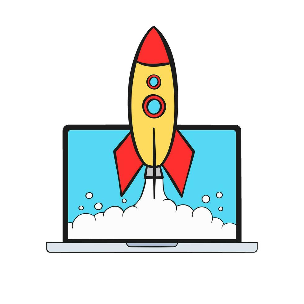 Startup business concept. Rocket launching and laptop. Cartoon. White background vector