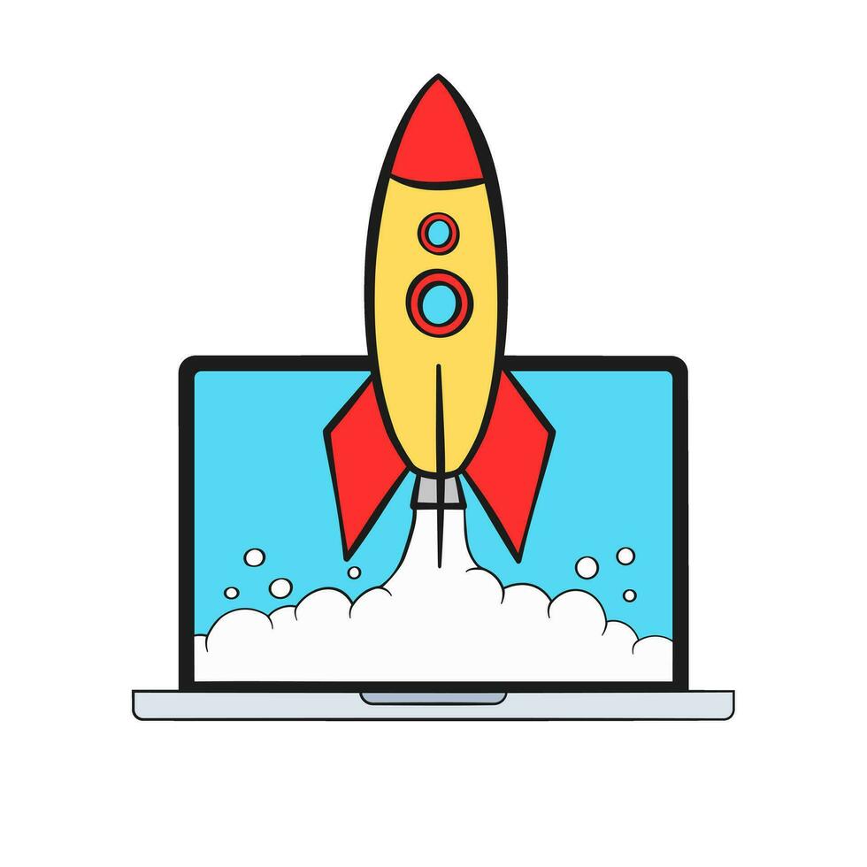 Startup business concept. Rocket launching and laptop. Cartoon. White background vector