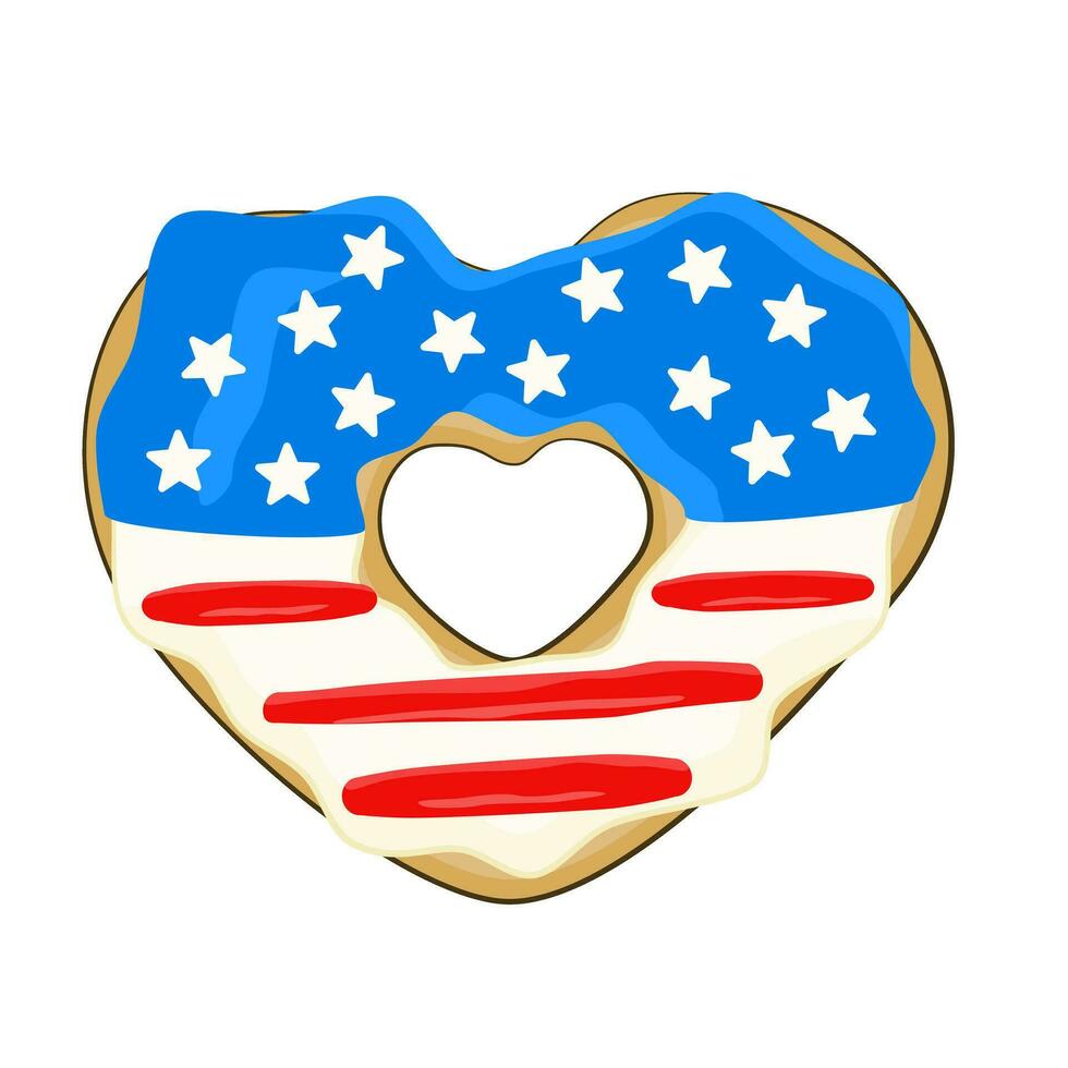 4th of July. Independence Day, National Donut Day. Heart-shaped donut in colors of USA flag vector