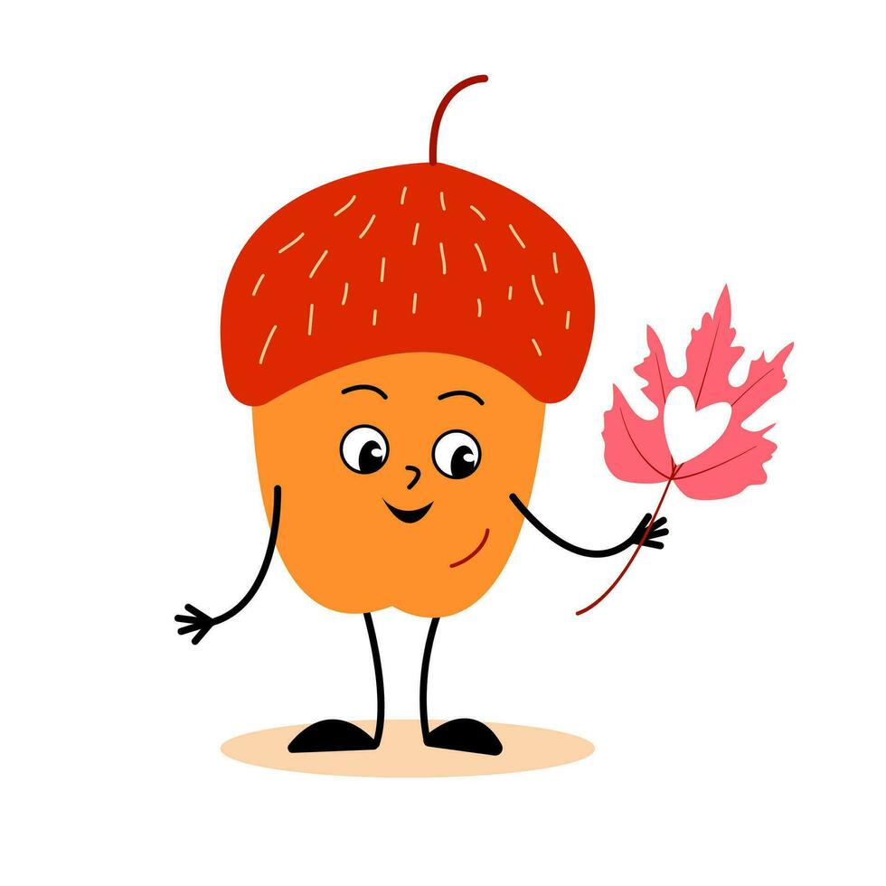 Happy acorn with leaf in hand with heart. Autumn character vector