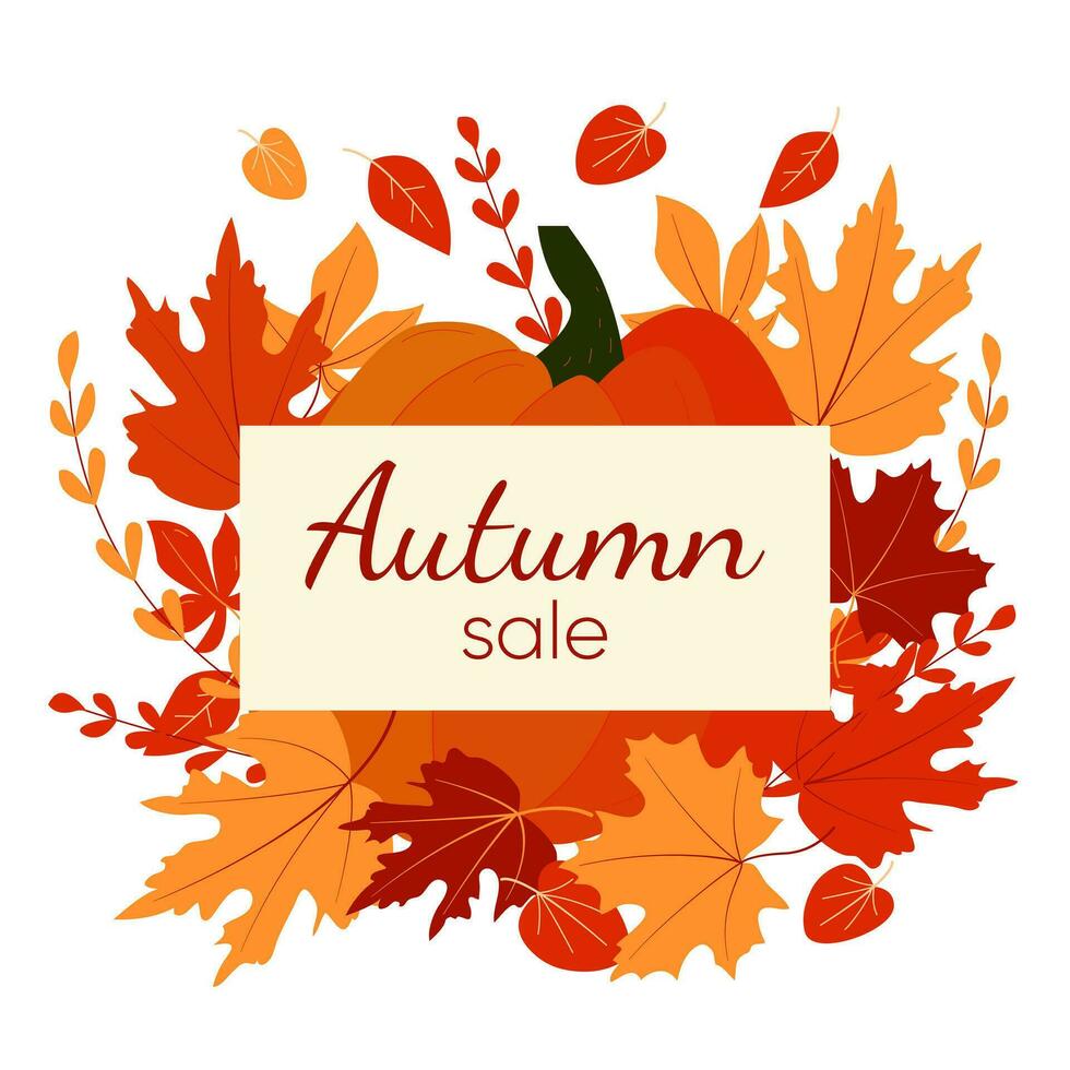 Autumn leaves and pumpkins sale border frame on white background vector