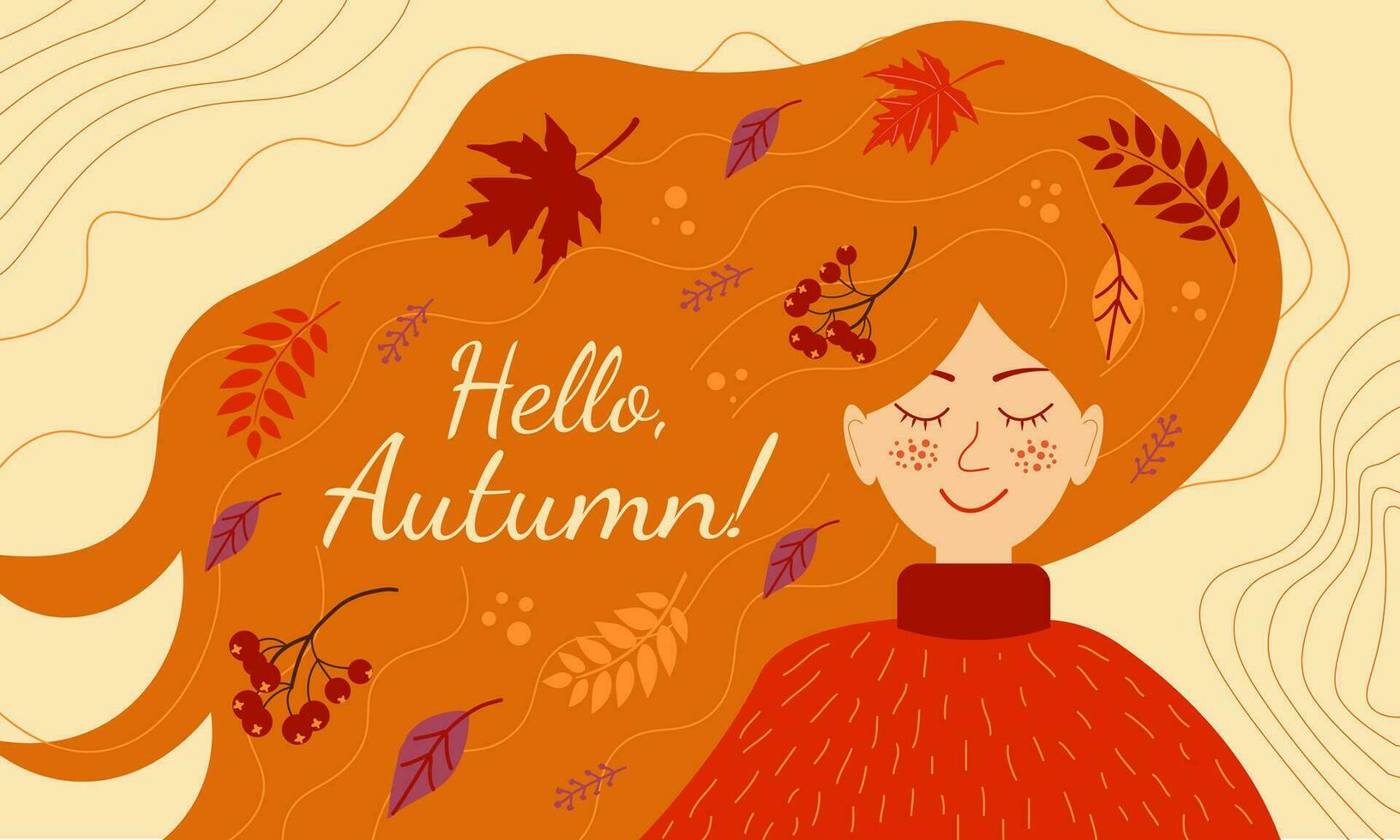 Autumn banner with women with leaves in her hair. Hello autumn. Vector flat illusration