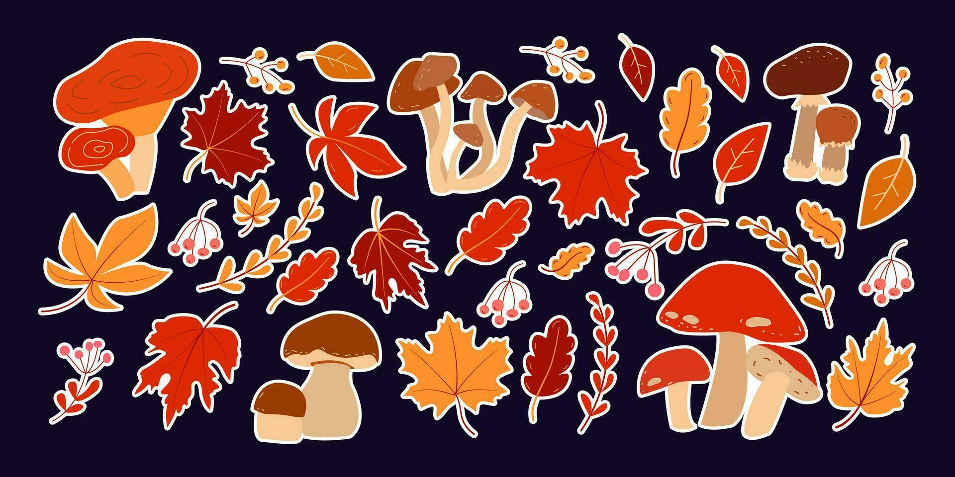 otoñal colección con hongos y hojas. pegatinas conjunto vector