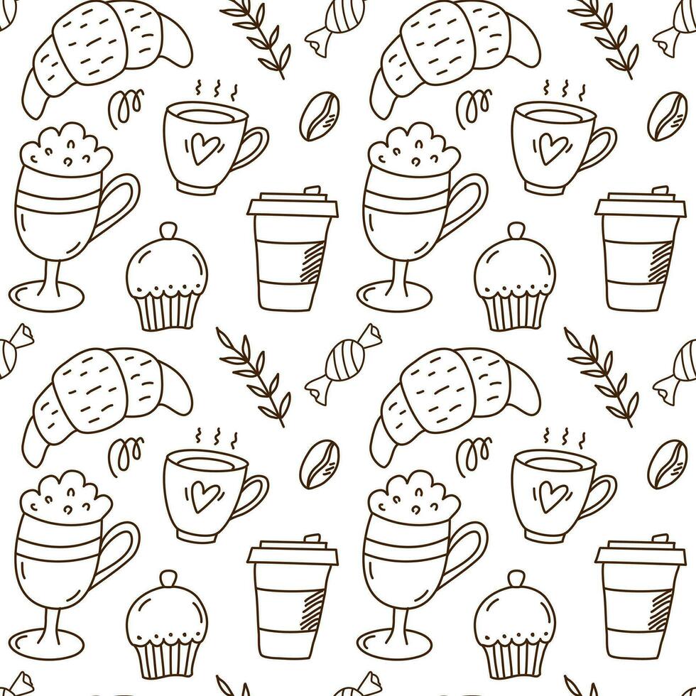 Seamless pattern of coffee. Flat line icons - cake, croisant, beans, cup. Repeated texture for cafe menu, shop wrapping paper. vector