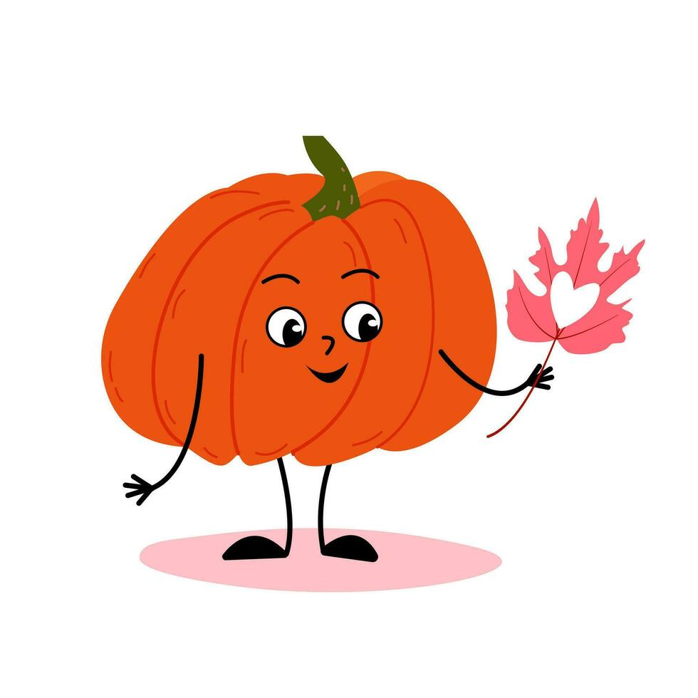 Happy pumpkin with leaf in hand with heart. Autumn character vector