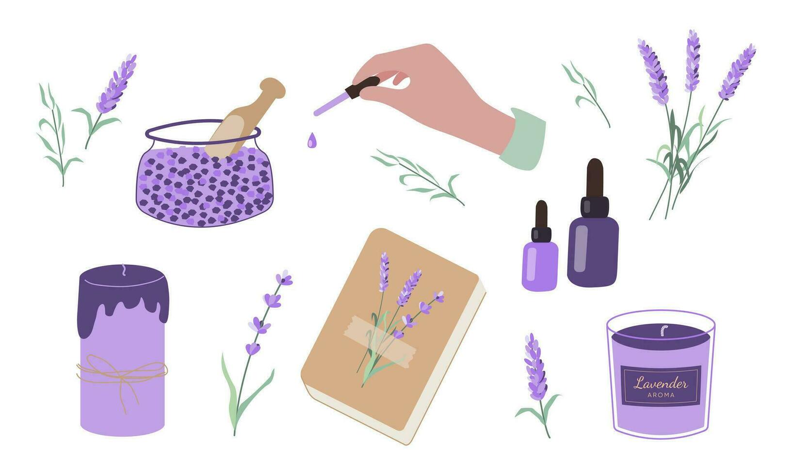 Lavender set aromatherapy accessories with essential oils. Essential oil, book, salt, candles, hand with pipette and flowers vector