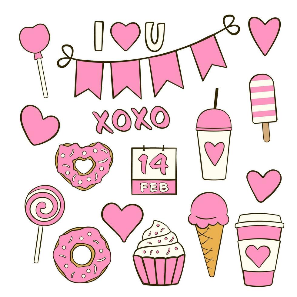 Set of Valentine's day icons. Cartoon flat icons vector