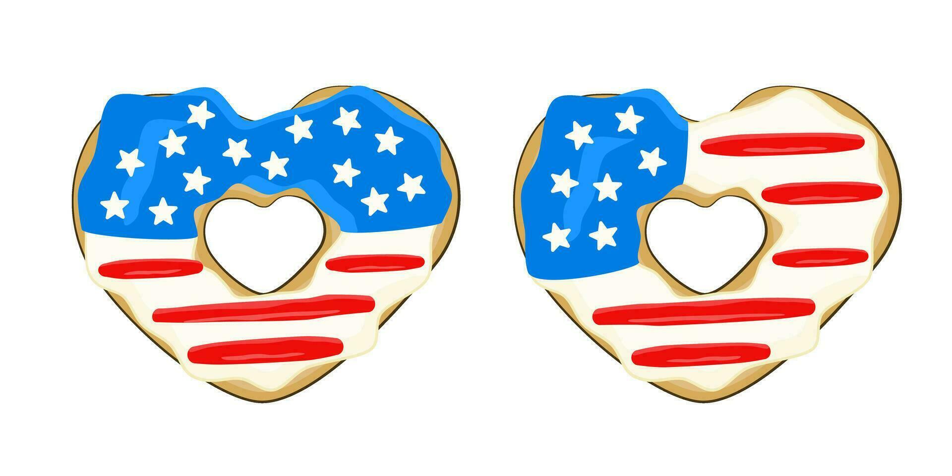 4th of July. Independence Day, National Donut Day. Heart-shaped donuts in colors of USA flag vector