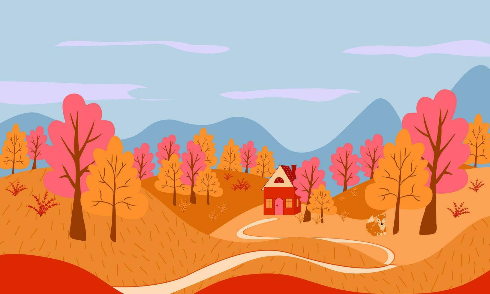 Autumn landscape with trees, mountains, fields, fox and house. Countryside landscape. Autumn background. vector