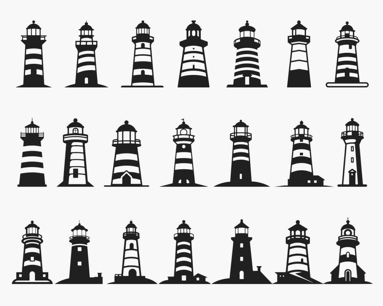 faro silueta íconos conjunto logo negro Faro ligero Oceano mar ligero casa náutico marina siluetas vector ilustración