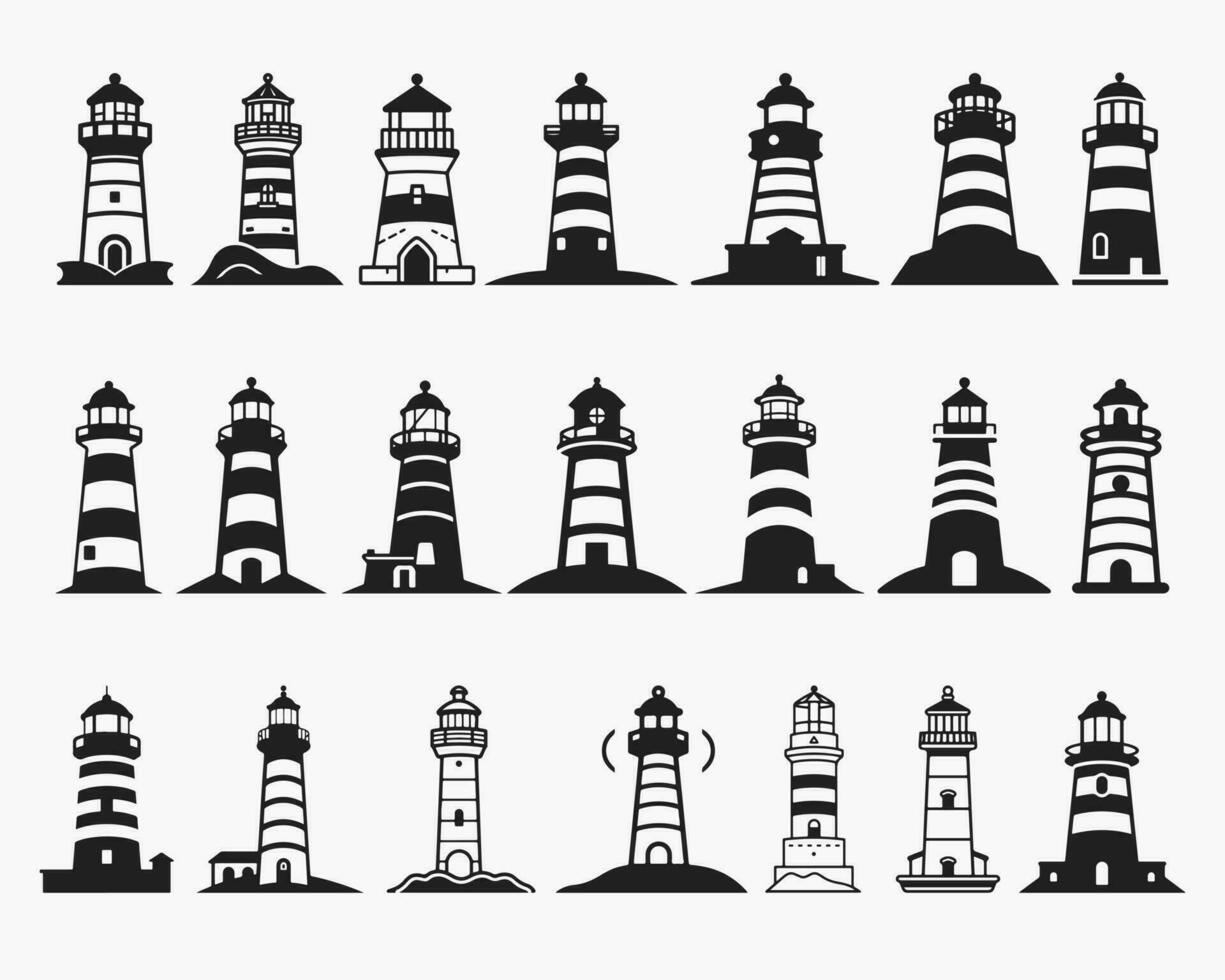 Lighthouse silhouette icons set logo black beacon light ocean sea light house nautical marine silhouettes vector illustration