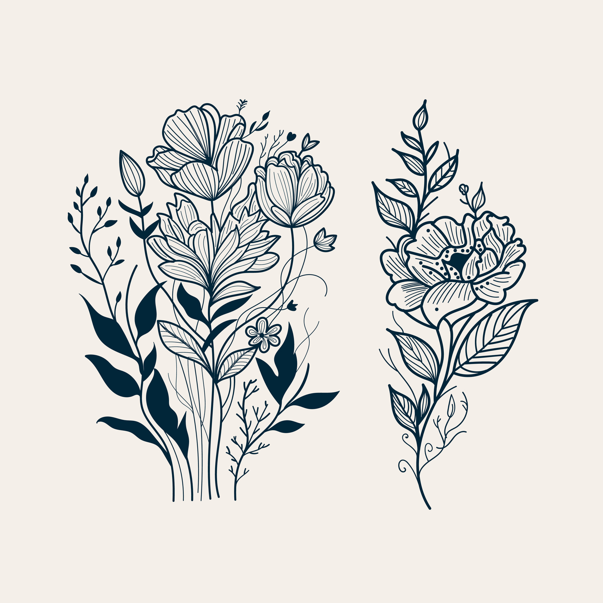 Hand drawn flowers bouquet wildflowers set botanical floral leaves tattoo doodle outline drawings sketch line art vector illustration 25378132 Vector Art at Vecteezy