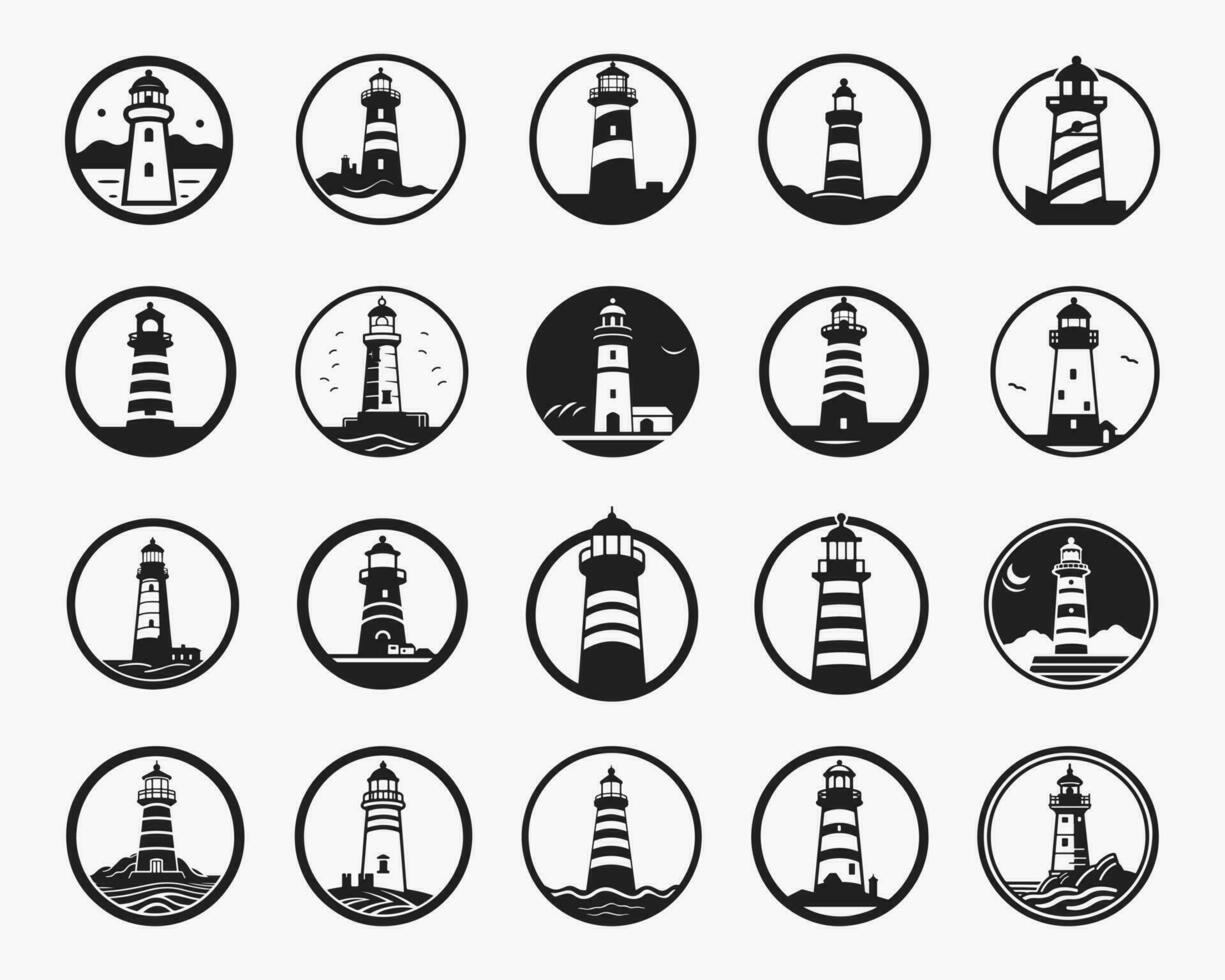 Lighthouse silhouette icons set logo black beacon light ocean sea light house nautical marine silhouettes vector illustration