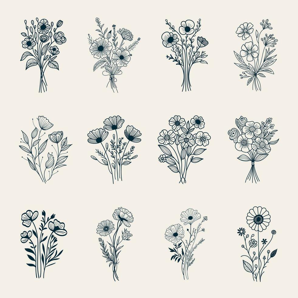 Hand drawn flowers bouquet wildflowers set botanical floral leaves tattoo doodle outline drawings sketch line art vector illustration