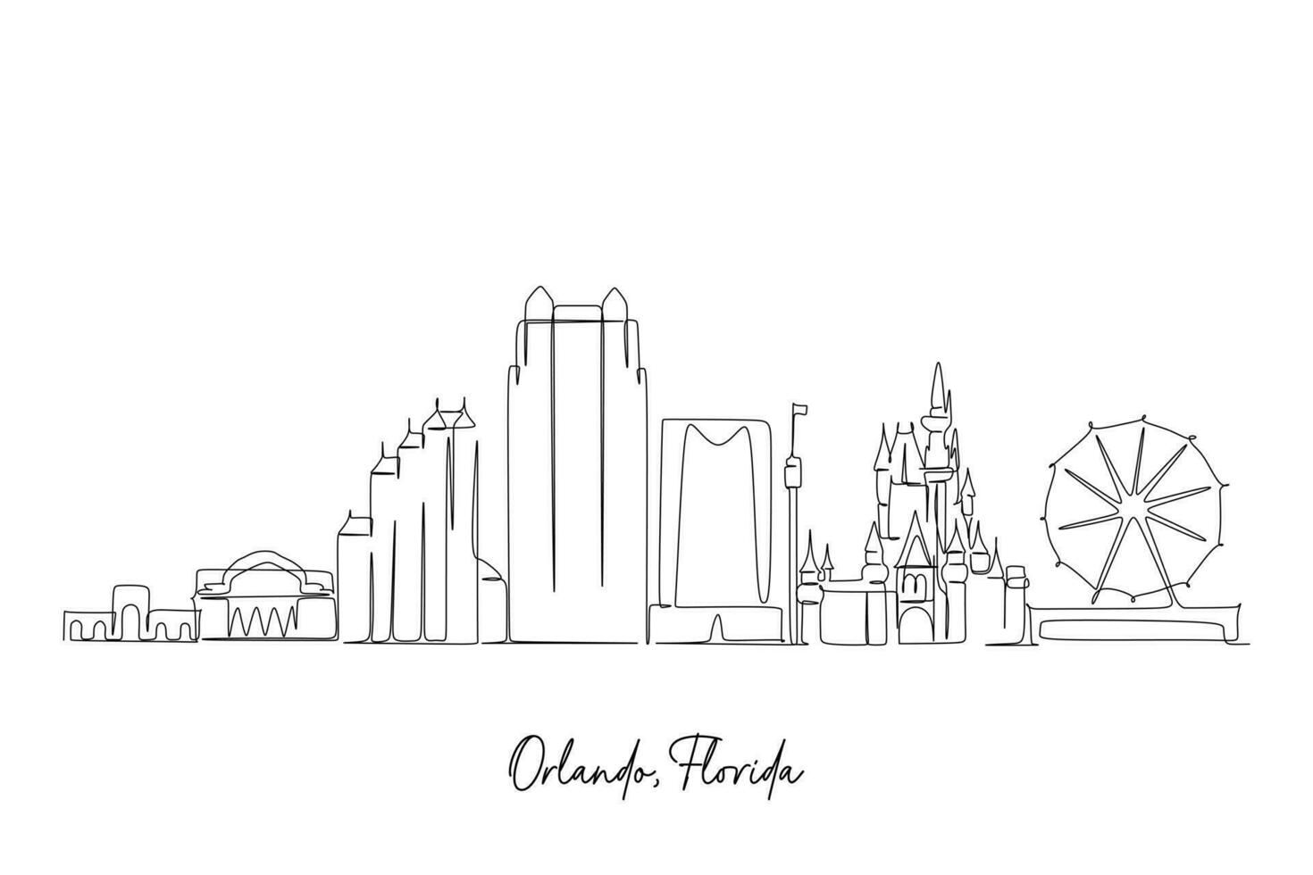 Continuous single line drawing Outline cityscape of Orlando Florida, United States of America. Vector illustration.