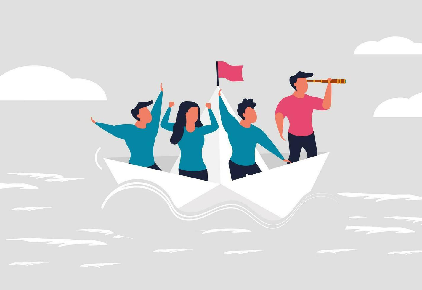 Business under the leadership of the leader. A man leads his team to success. People in a paper boat follow their leader. The concept of success and company strategy. Vector illustration