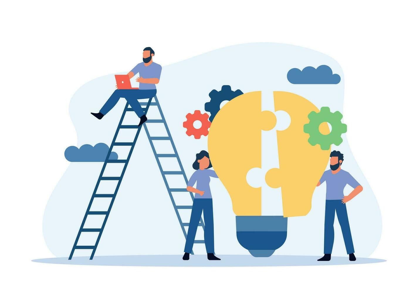 Business teamwork building lightbulb puzzle vector work illustration concept. Person businessman cooperation together jigsaw piece. Man and woman group unity fit part shape. Job support partner design