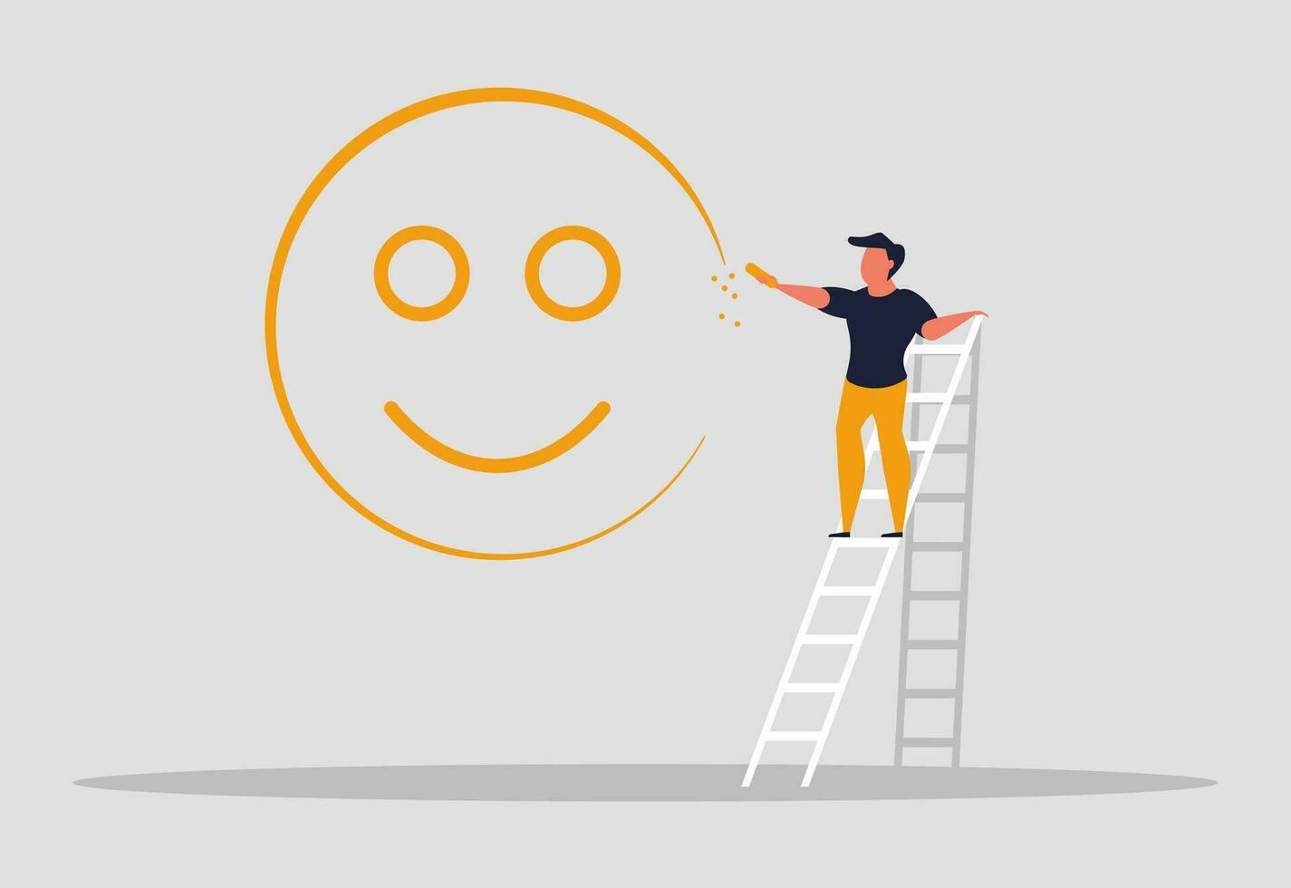 Positive thinking people. Happy and confident people. Optimism in life and life in joy. Happy man paints a smile on the wall. Vector illustration concept