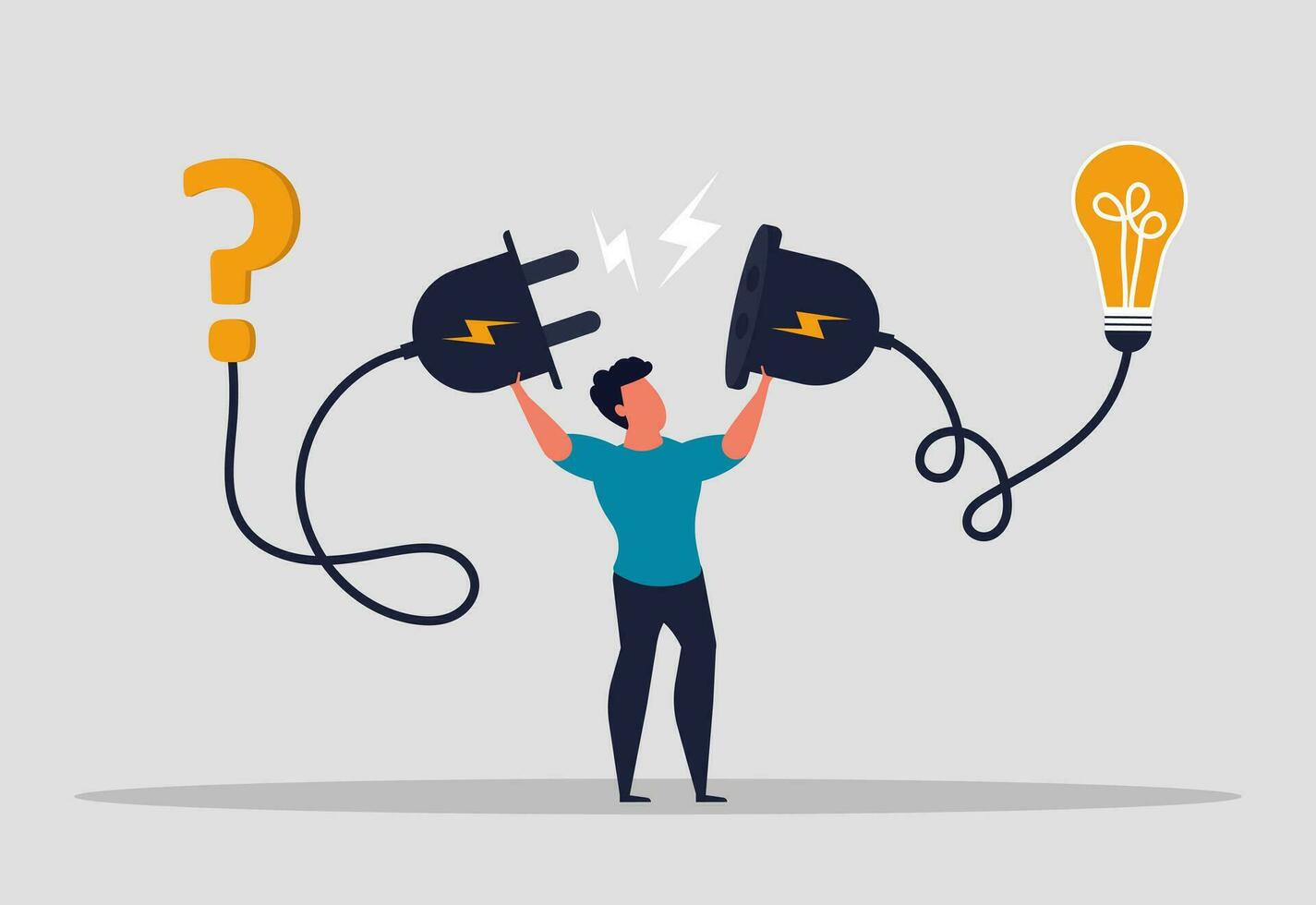 Solving problem through idea. Answer question and a creative person solves problems. Innovation as business success. A man connects a question with a light bulb of ideas. Vector illustration concept