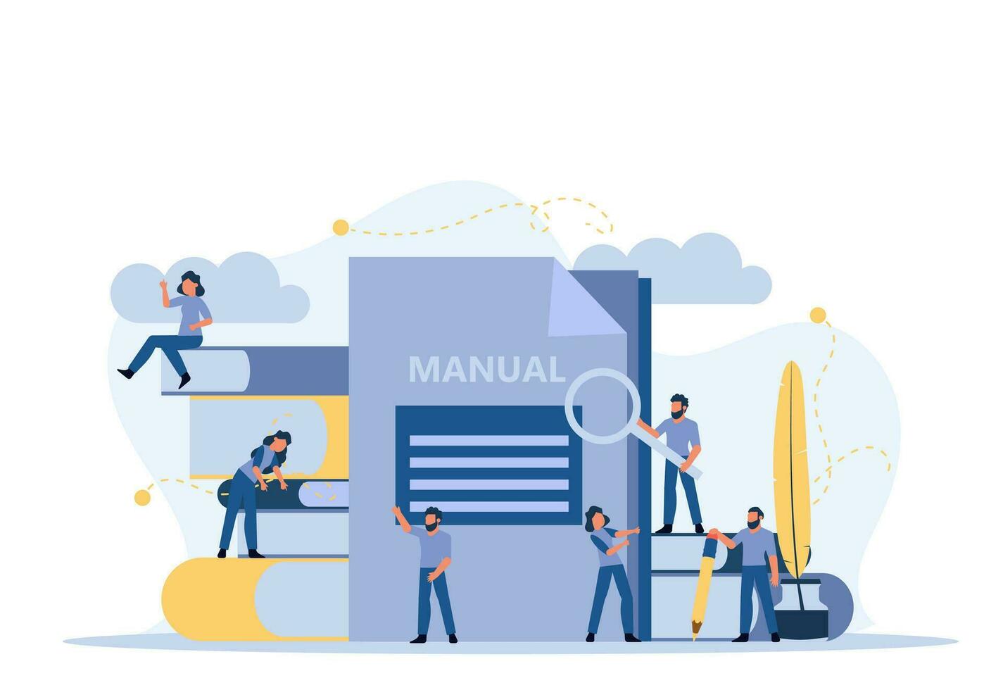 Man and woman create document book manual. Business handbook advice content vector. Online web paper digital illustration article journalism. Social marketing blogging design. Promotion banner guide vector