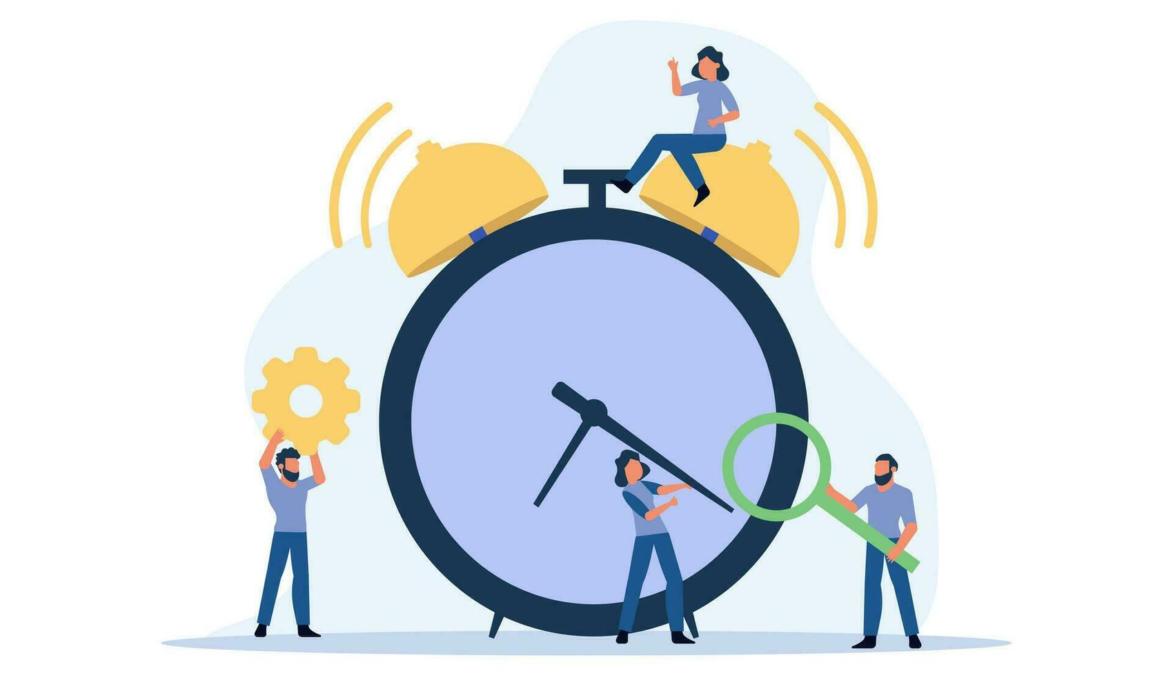 Morning time for business people work icon. Man and woman concept vector illustration flat office banner. Schedule planner date clock event. Deadline team alert bell problem network stress