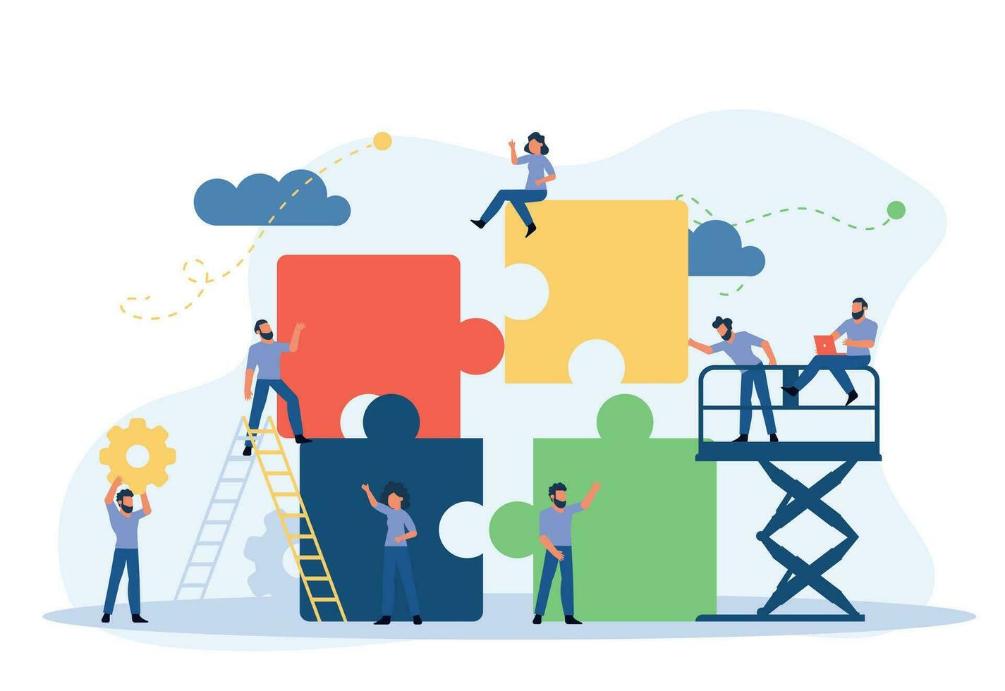 Business team work building puzzle concept vector illustration. People partnership man and woman challenge marketing corporate goal. Jigsaw piece cooperation character. Office banner unity part object