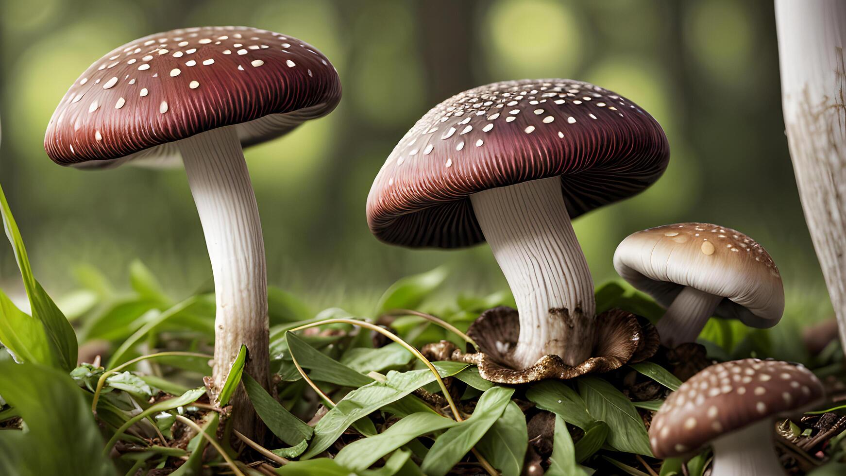 Swarms of realistic mushrooms illustration by blurred background created with technology photo