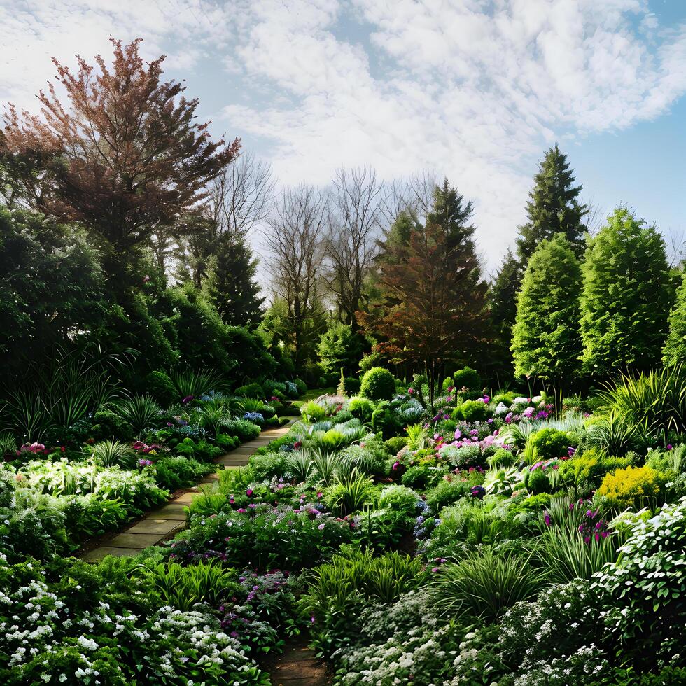 cielo jardín paisaje con hermosa flores, verde arboles y plantas creado con generativo ai tecnología foto