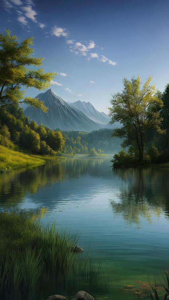Scenic nature landscape reflection green trees foliage by mountain hills view created with technology photo