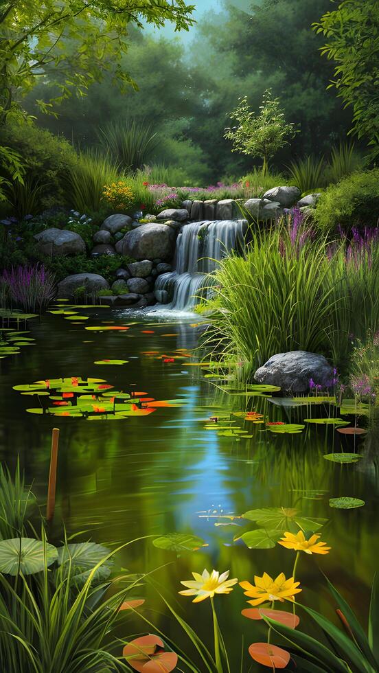 Beautiful colorful summer spring nature pond environment by green foliage of trees created with generative ai technology photo