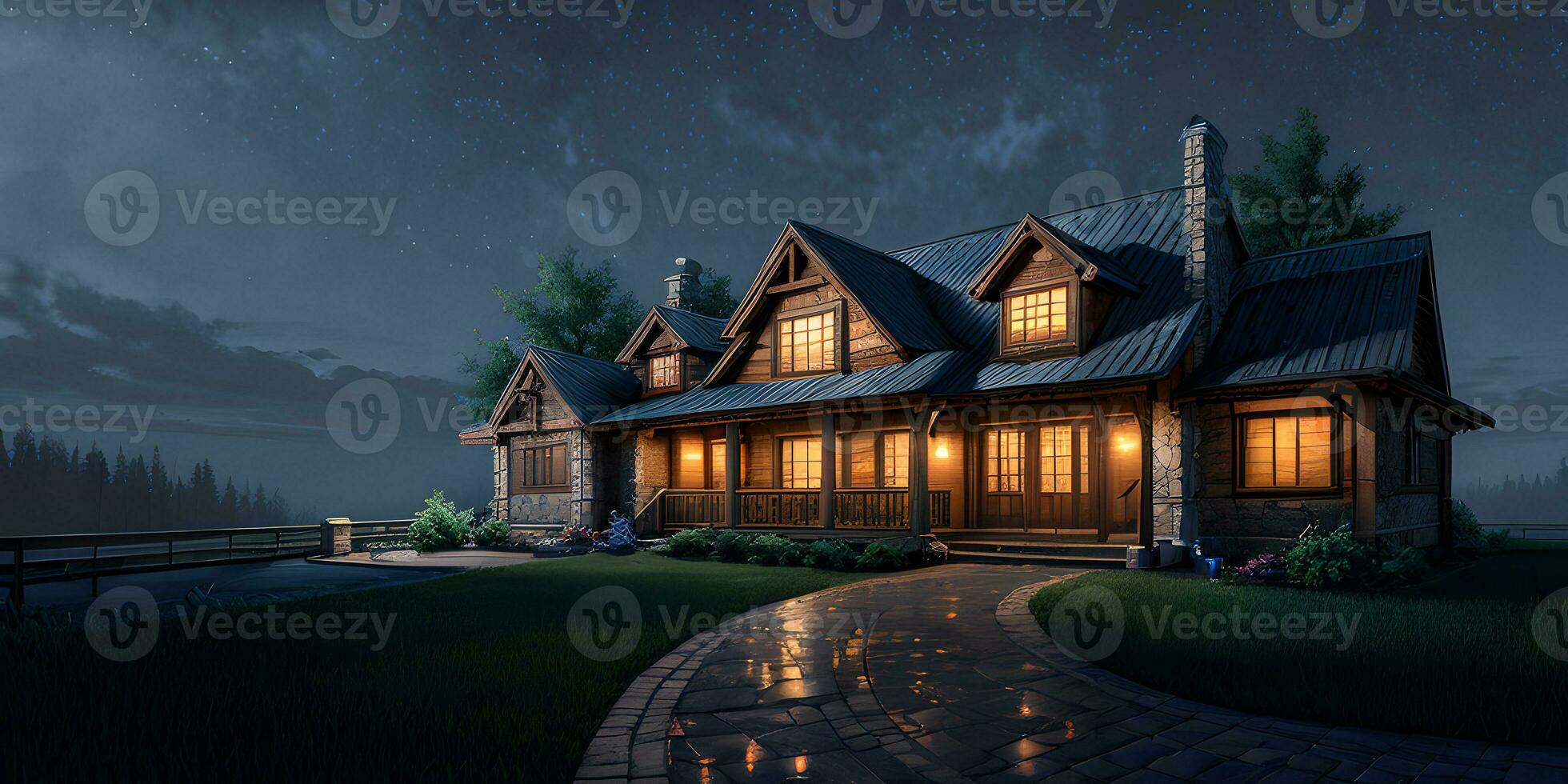 Night house outdoor exterior in realistic illustration environment created with generative ai technology photo