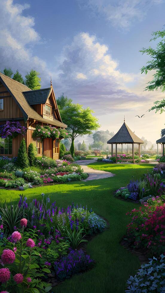 Day light and shadow in a village with beautiful garden environment created with technology photo