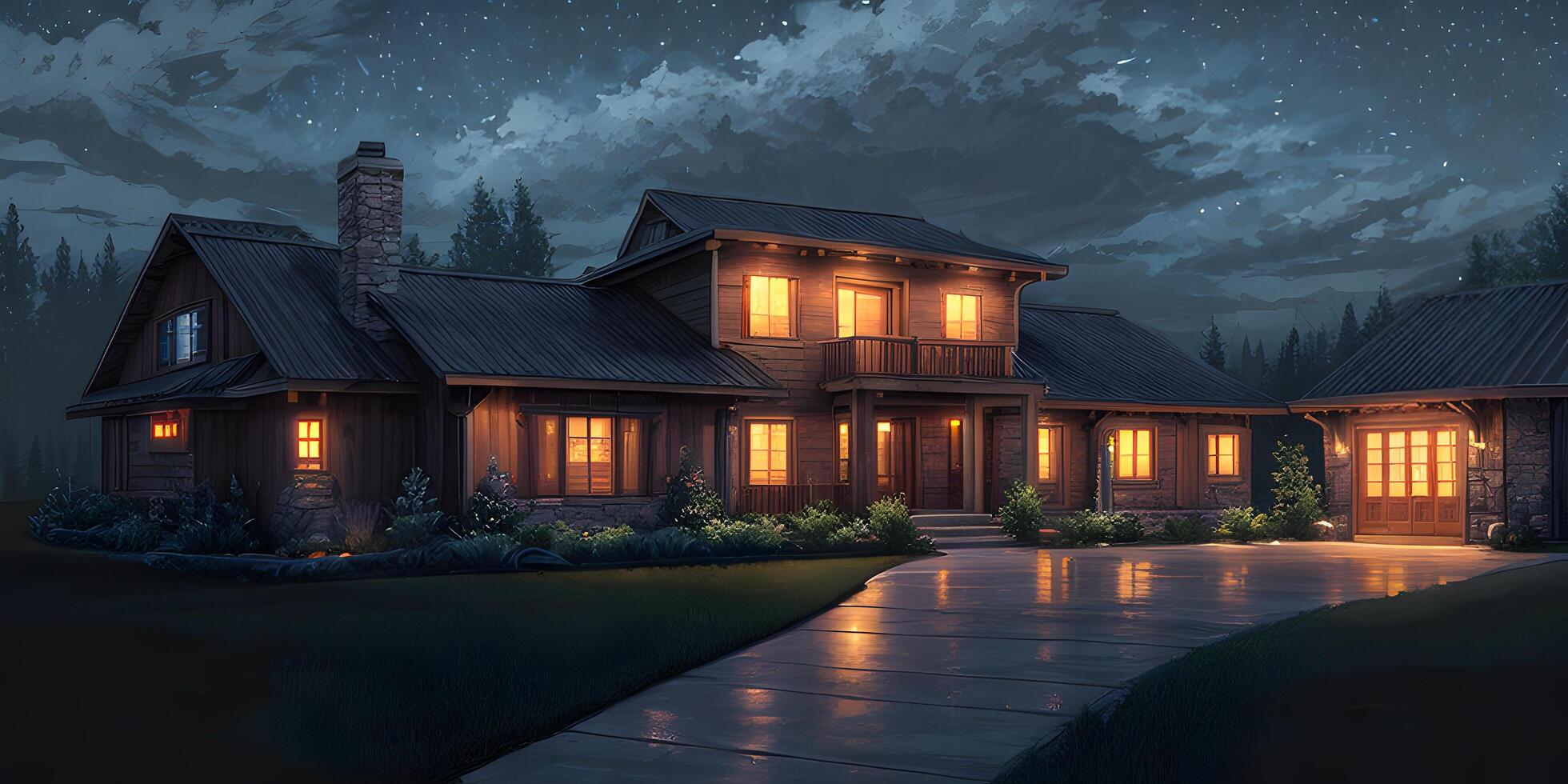 Night house outdoor exterior in realistic illustration environment created with generative ai technology photo