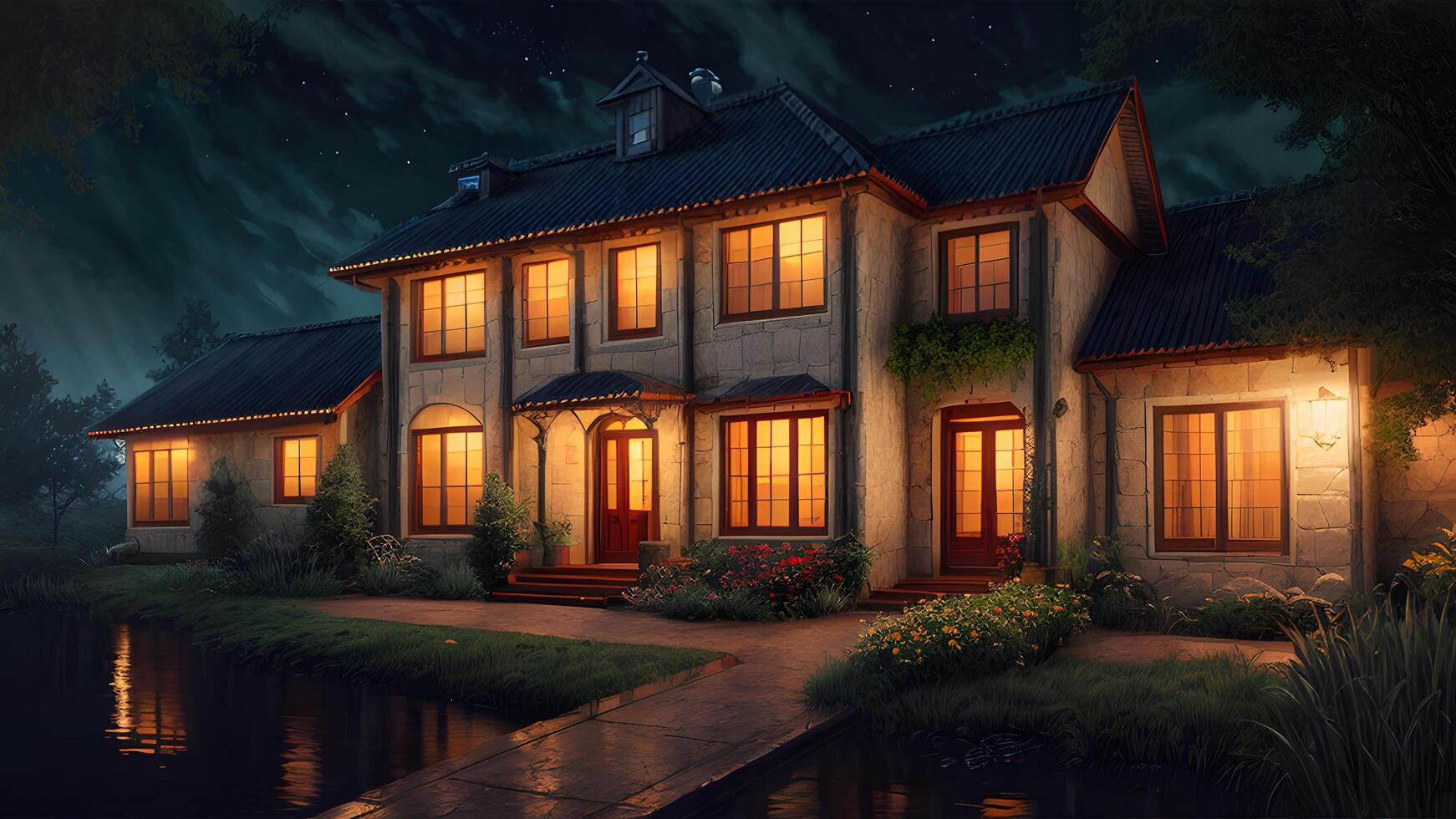Stunning realistic house exterior at night environment created with technology photo