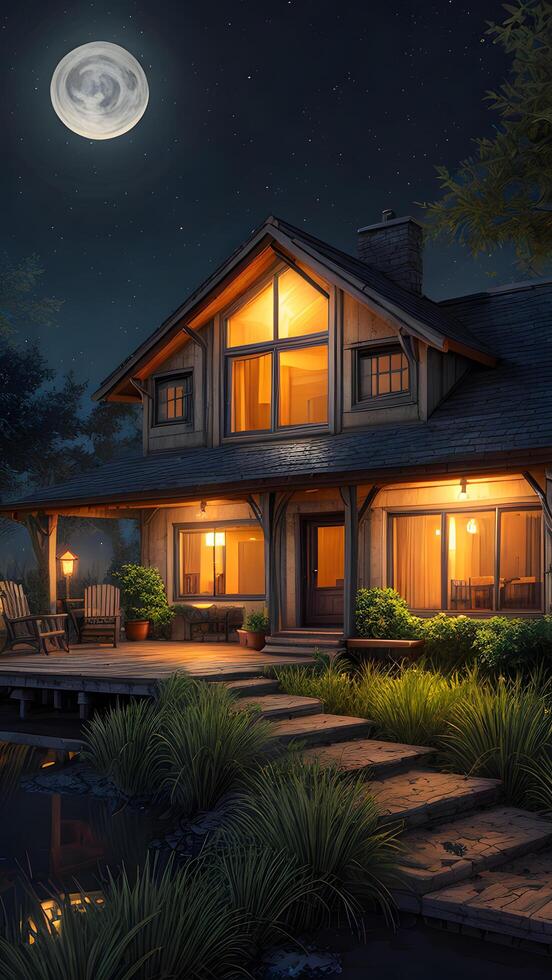 Shining moon in realistic exterior house at night environment created with generative ai technology photo