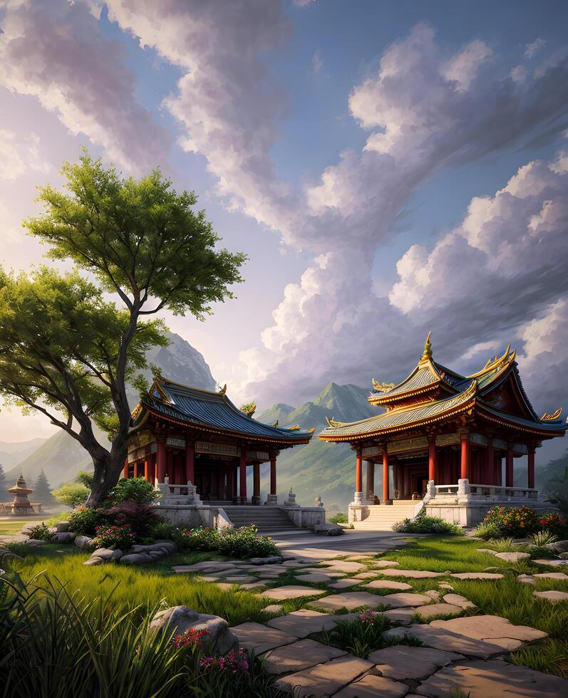 Scenic temple environment by garden foreground created with technology photo