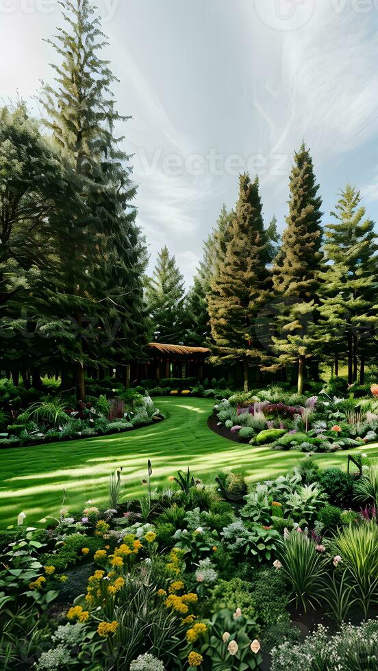 cielo jardín paisaje con hermosa flores, verde arboles y plantas creado con generativo ai tecnología foto
