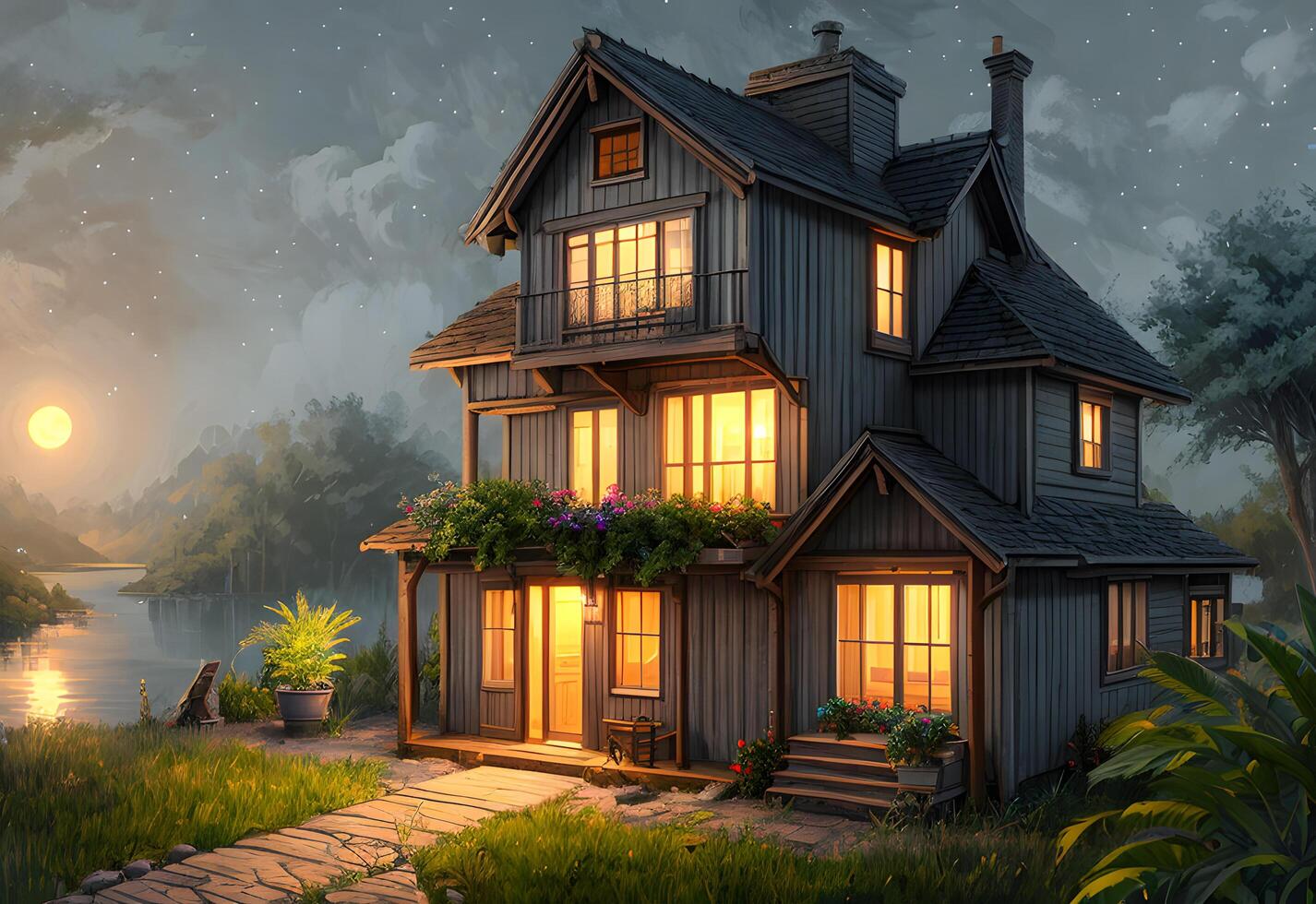 Idyllic realistic house exterior at foggy night environment created with technology photo