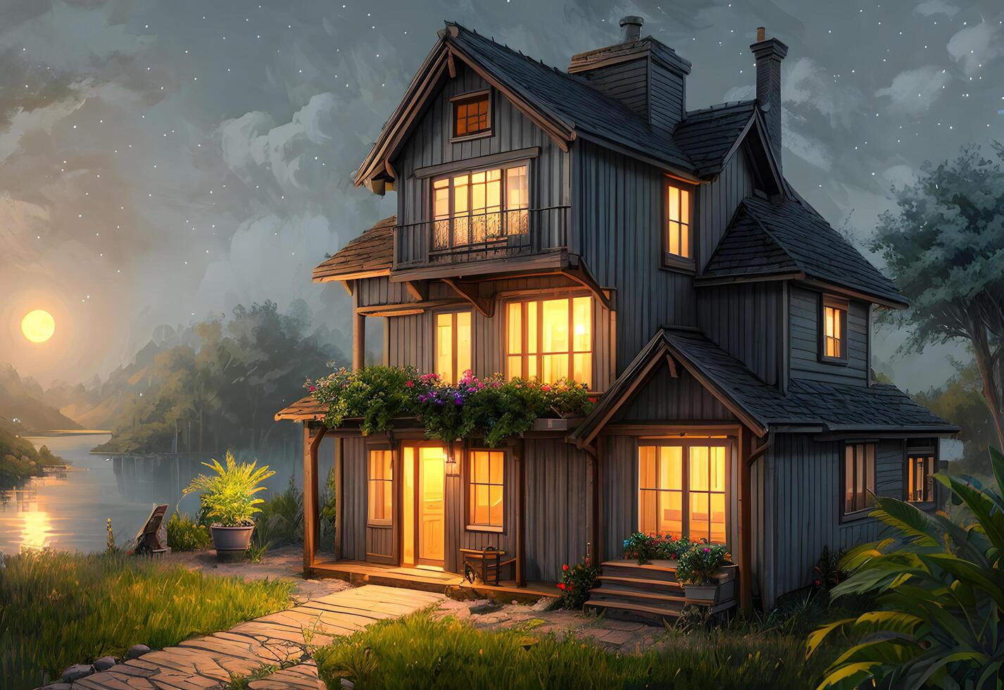 Idyllic realistic house exterior at foggy night environment created with generative ai technology photo