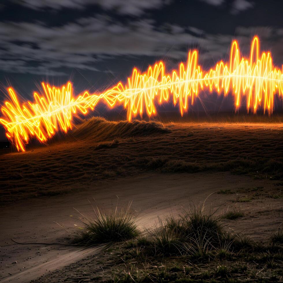 Flame light painting landscape with beautiful motion clouds created with technology photo