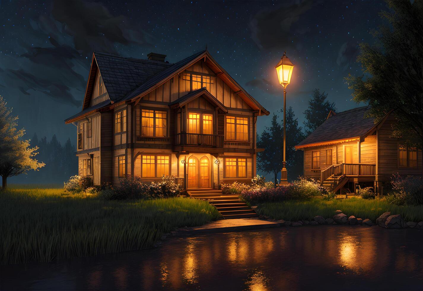 Stunning realistic house exterior at night environment created with generative ai technology photo