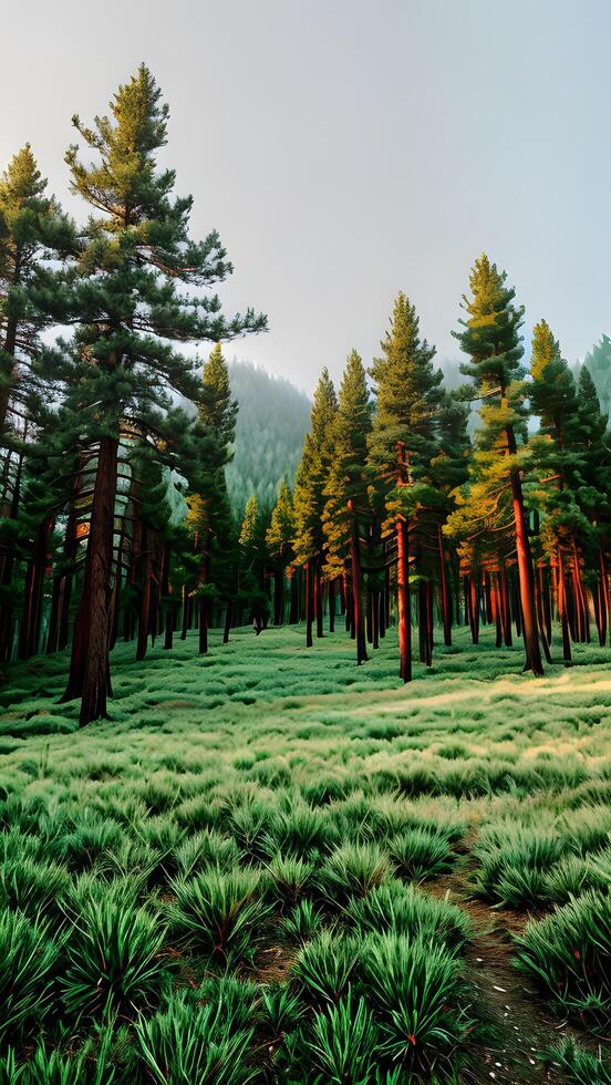Nature scenery the trees in the pine forest on a clear summer daylight with green grass pattern created with technology photo