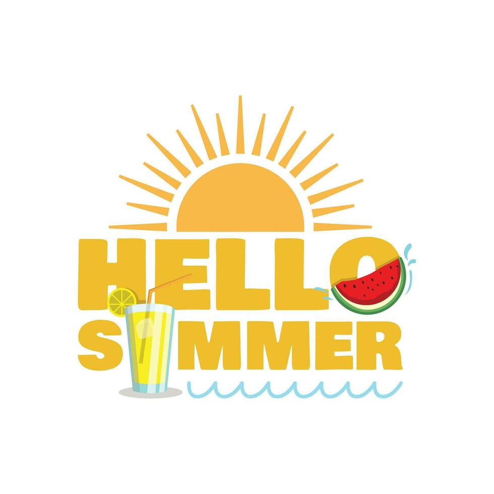 Hello summer text with fruit drink and watermelon vector