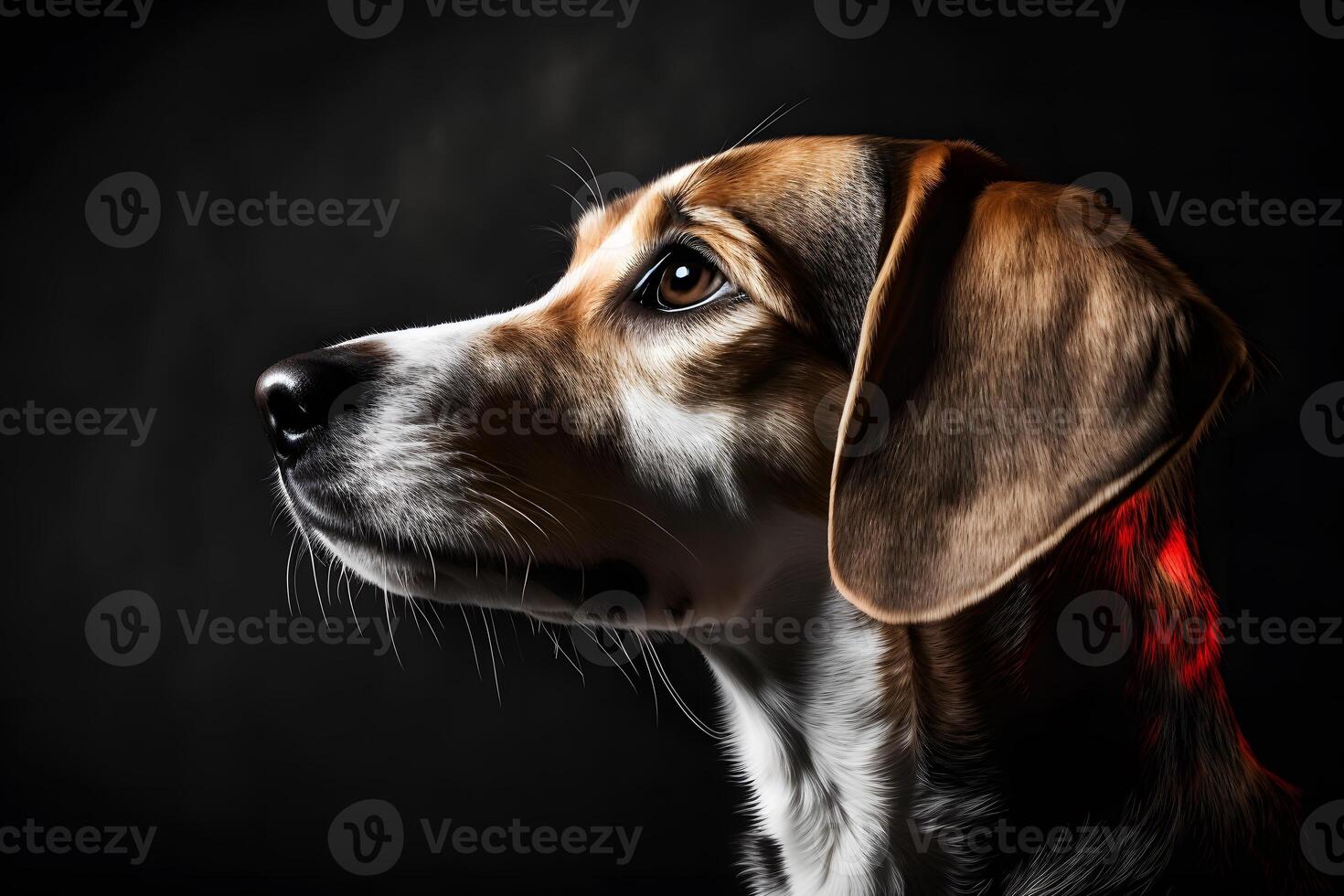 Beagle dog in portrait against black background. Neural network photo