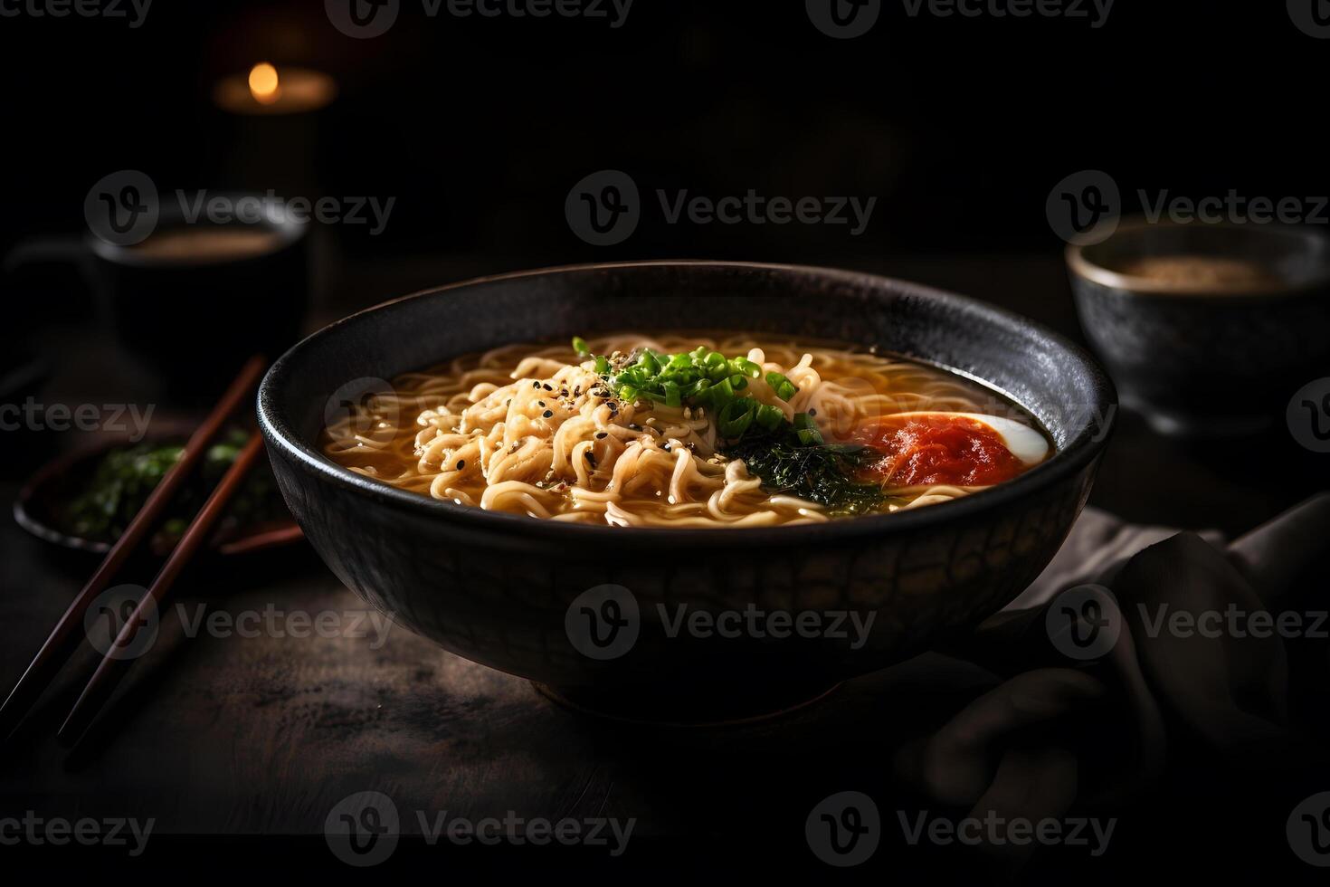 Japanese ramen soup with chicken, egg, chives and sprout on dark wooden. Neural network photo