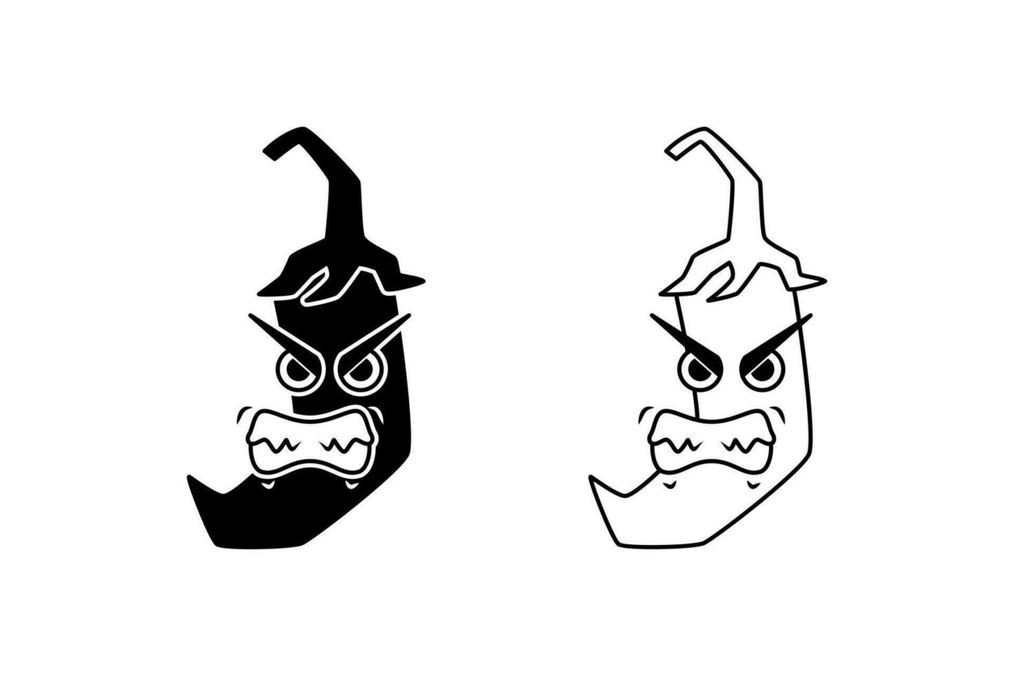 black white angry chili mascot illustration. silhouette, line art, cartoon, emoticon, outline style. used for logo, sticker, print, icon, symbol vector