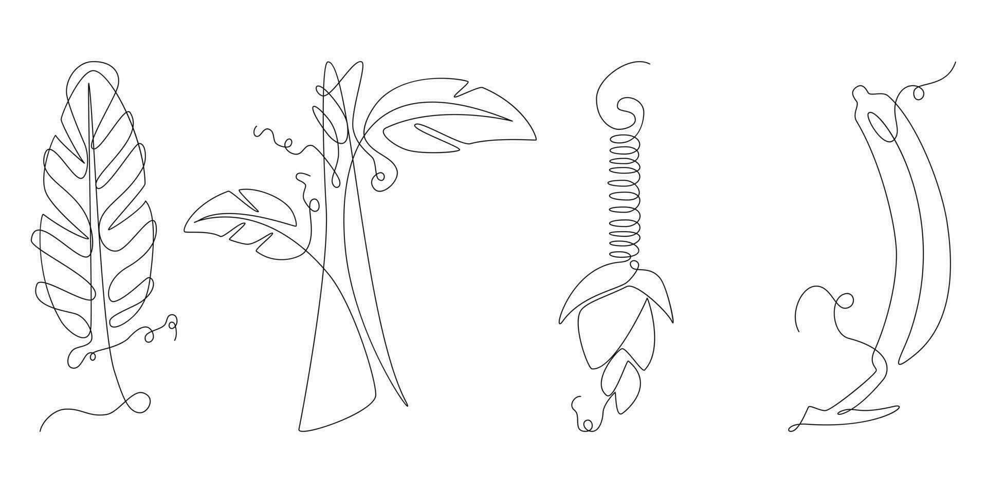 leaf, tree and banana collection illustration in continuous line art style. use for decoration and print. black line sketch on white background vector